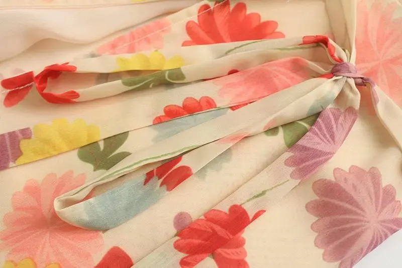 Vintage Elegant Floral Print Ruffles Wrap Chiffon Midi Dress Women Fashion Sleeveless Bow Tie Sashes Beach Dresses Vestidos