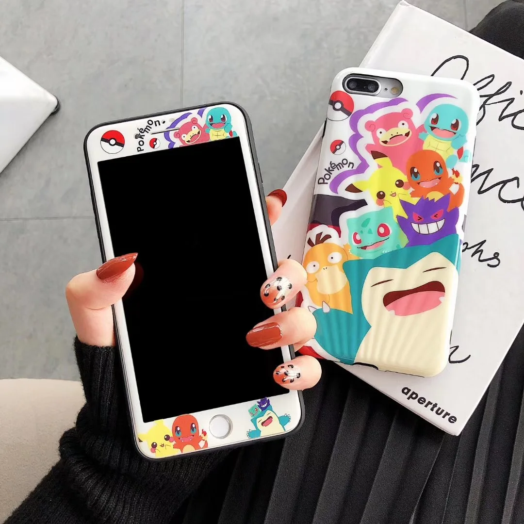 

Pikachus Pokemons Pattern Soft Edge Screen Protector+Phone Case For iPhone 6 6S 7 8 Plus X XS XR Xs Max Tempered Glass Film
