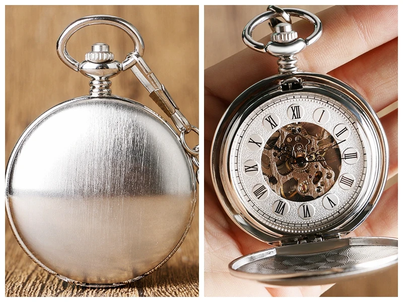 2020 New Arrival Smooth Design Double Full Hunter Skeleton Mechanical Pocket Watch for Men Steampunk Silver Hand Winding Watches