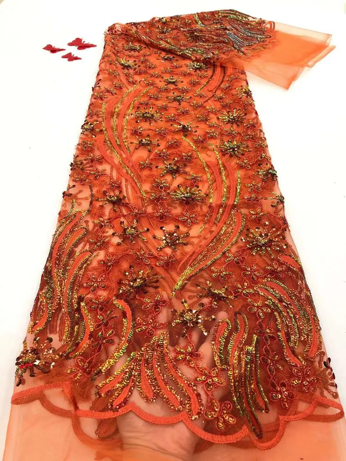 

High Quality African nigerian tulle Lace Fabric Embroidery Sequins Lace Fabric guipure lace fabric French Tulle lace orang