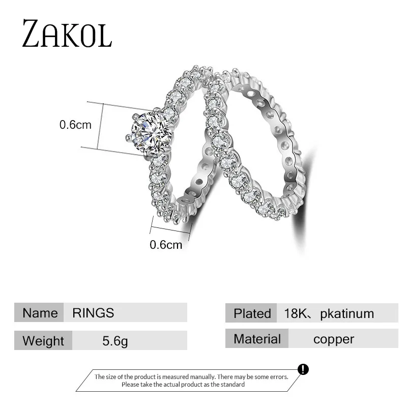 ZAKOL модное круглое кольцо с фианитом комплект из 2 предметов свадебные украшения