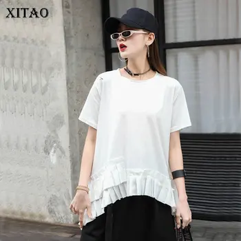 

XITAO Irregular Pleated Hem Tee Women Fashion Pullover Small Fresh Casual 2020 Summer Minority Casual Loose T Shirt DMY4551