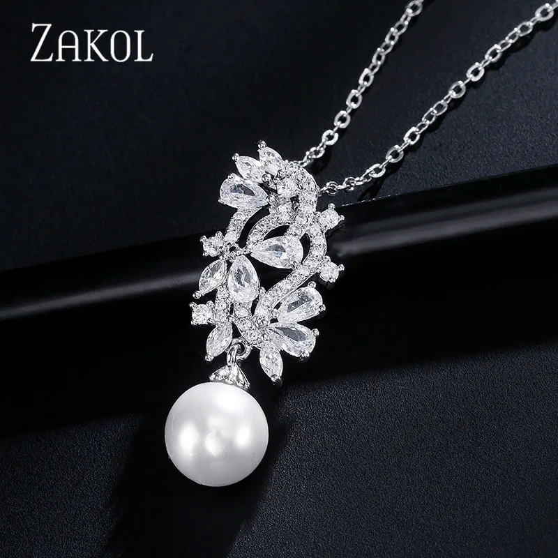 ZAKOL Fashion Female Bridal Jewelry CZ Zirconia Necklaces Pendants with Imitation Pearls for Elegant Women Wedding FSNP2118