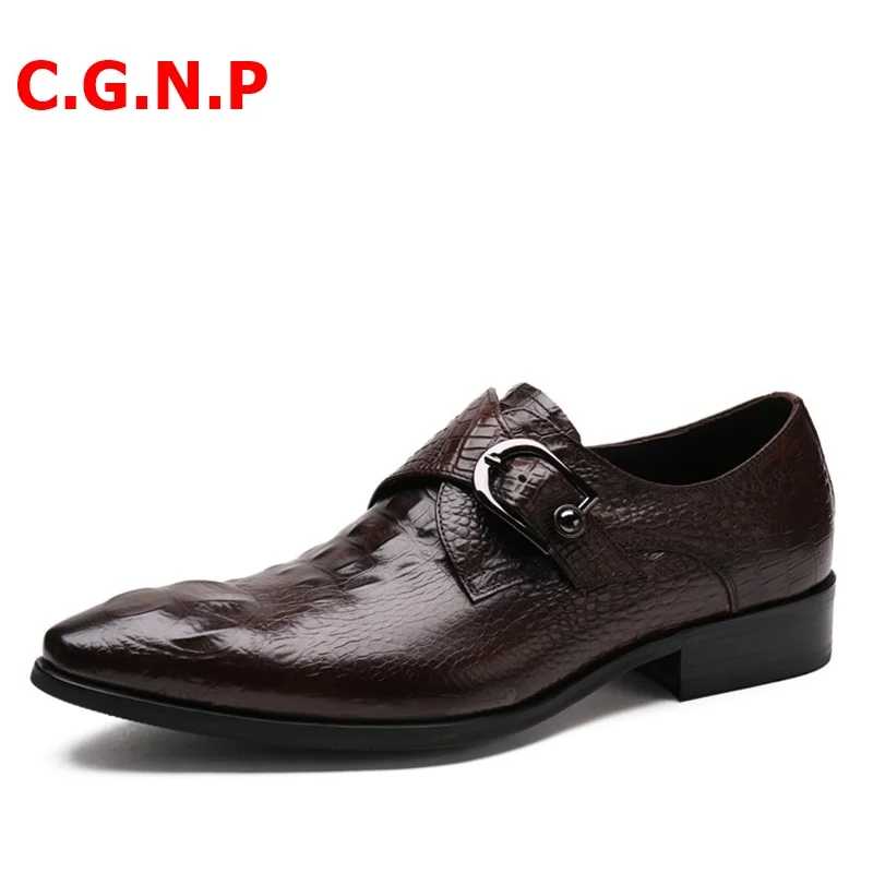 

C.G.N.P Luxury Crocodile Pattern Genuine Leather Shoes Men Cow Leather Pointed Toe Dress Shoes Buckle Strap Formal Shoes Loafers