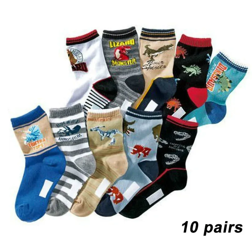 10 pairs H Носки для маленьких мальчиков 10 пар, хлопковые теплые детские носки на осень и зиму с мультипликационным рисунком динозавра, Разноцветные носки для маленьких мальчиков от 4 до 12 лет - Цвет: 10 pairs H