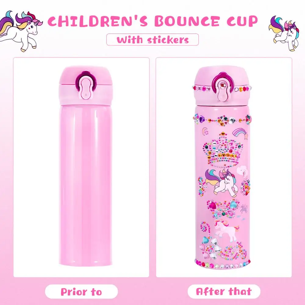 Water Bottle Thermal Water Bottle Creative DIY Kids Water Bottle with Glitter Gem Unicorn Sticker Decoration Girl Daughter Thermos Student School Kettle Gifts
