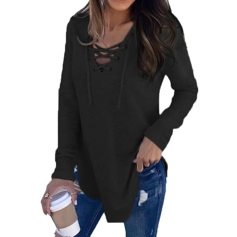 Oeak осень зима модные женские футболки с длинным рукавом Сексуальные облегающие рубашки с глубоким v-образным вырезом Женские топы на шнуровке футболки одежда