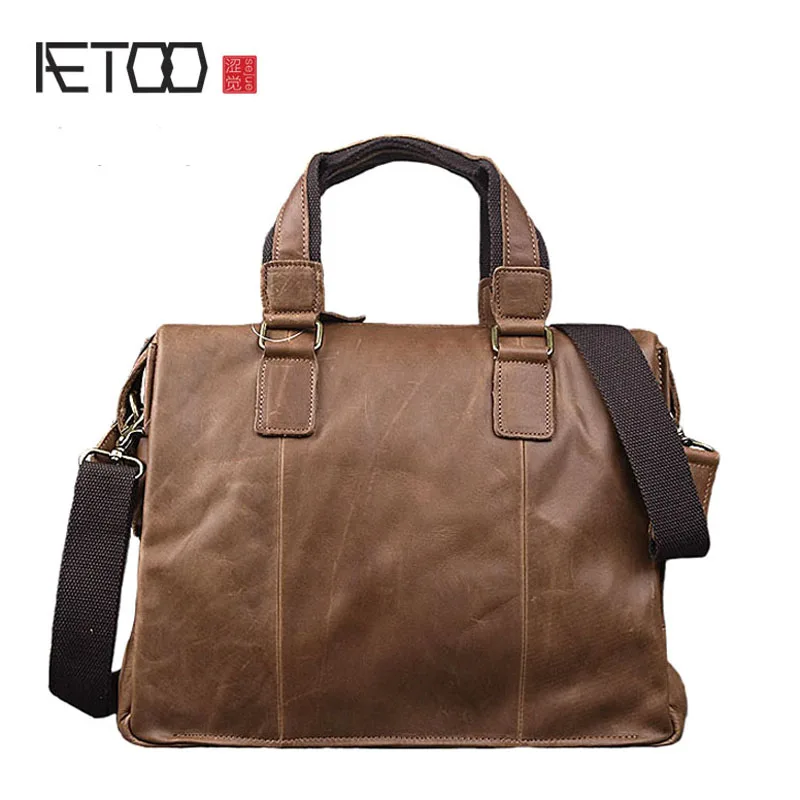 

BJYL Crazy horse skin retro handbag hand leather cross section handbag briefcase cowhide shoulder Messenger bag computer bag