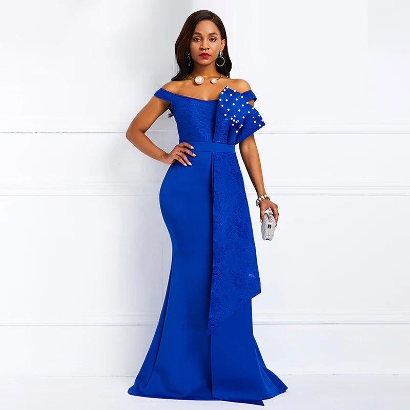 Dressv Красное Кружевное платье русалки в африканском стиле для вечеринки женское вечернее платье больших размеров 3XL Элегантное Длинное сексуальное вечернее платье с открытой спиной и открытыми плечами - Цвет: Синий