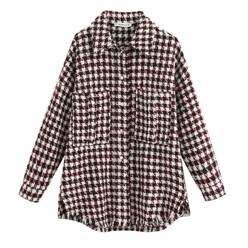 

Vintage Red Plaid Tweed Blouses Women Fashion Turn-down Collar Shirts Elegant Ladies Pockets Long Sleeve Tops