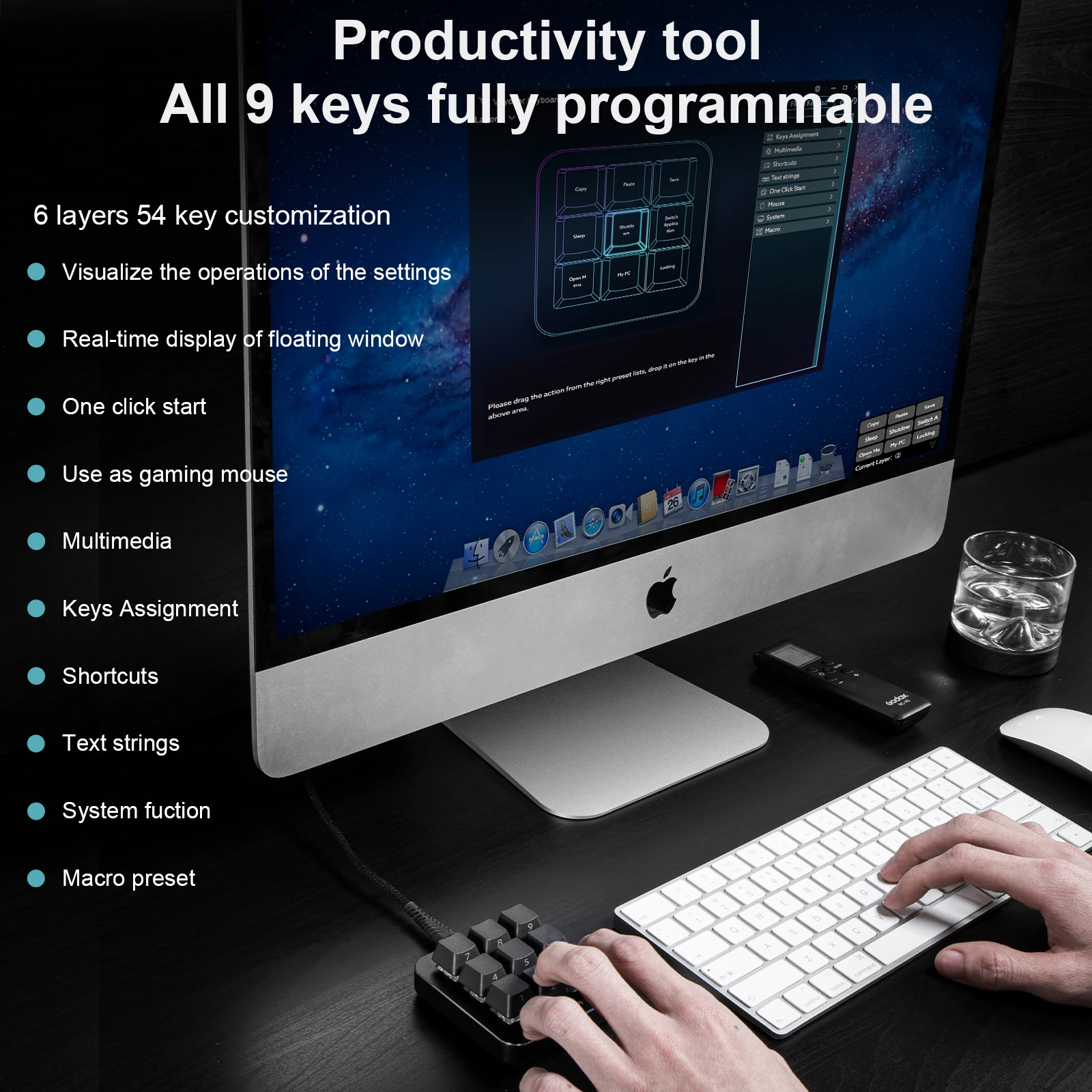Mecânico de Uma Macro para Edição de Design Gráfico e Jogos Multifuncional com 9 Teclado Teclas Totalmente Programáveis Configuração Mão - Imagem 3
