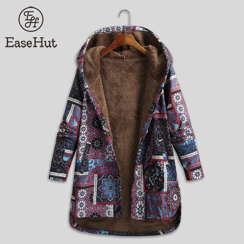 EaseHut с капюшоном длинным рукавом цветочным принтом длинное пальто 2020 Новое