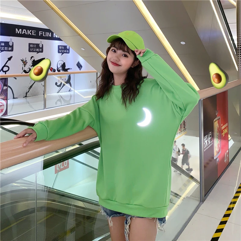 Kpop Осенняя Женская толстовка Харадзюку со светоотражающим принтом Луны женские толстовки свободные дикие Зимние Теплые Топы женские толстовки с капюшоном