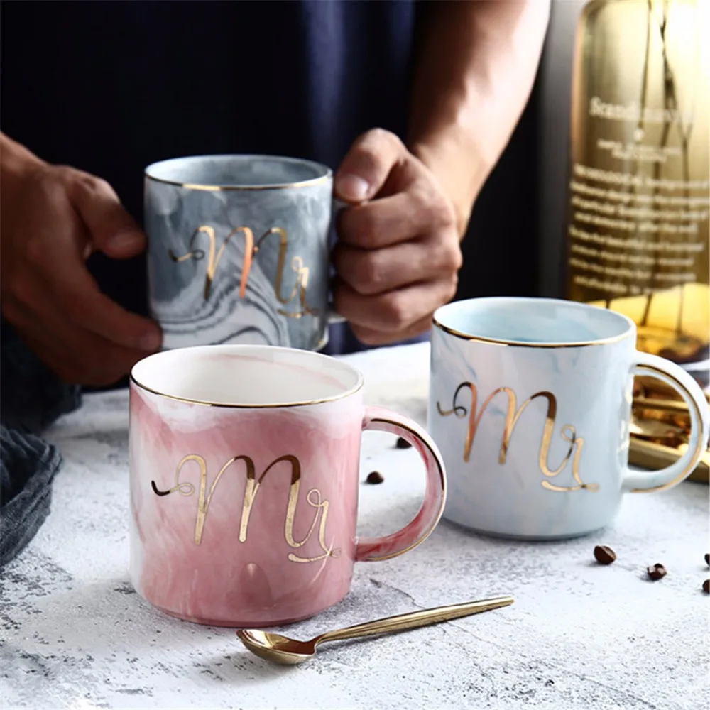 

Handpainted Gold Monogram Natural Marble Porcelain Coffee Mug Mr and Mrs Tea Milk Cup Creative Wedding Anniversary Gift Cup