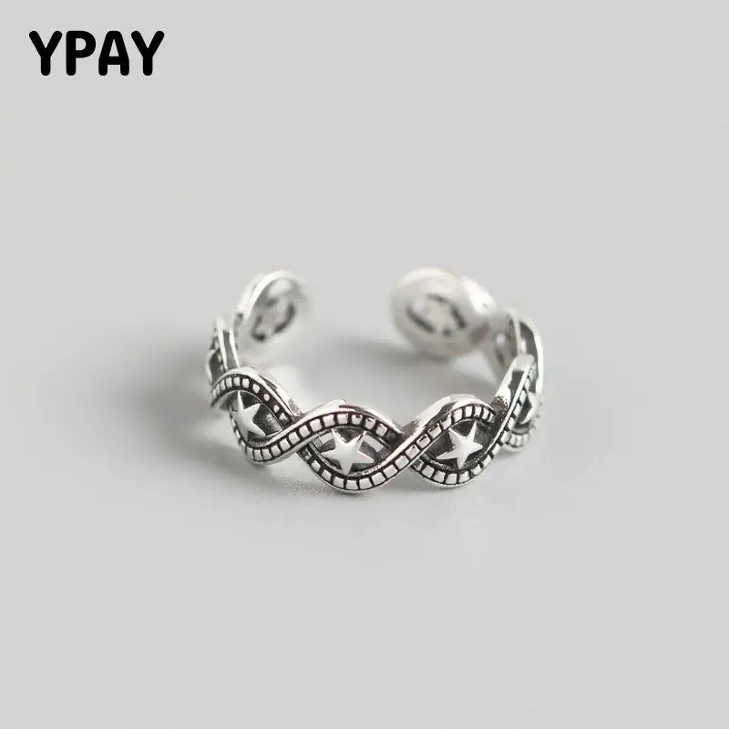 

YPAY 100% Genuine 925 Sterling Silver Open Rings for Women Japan Korea Vintage Weave Star Finger Ring Bague Fine Jewelry YMR999