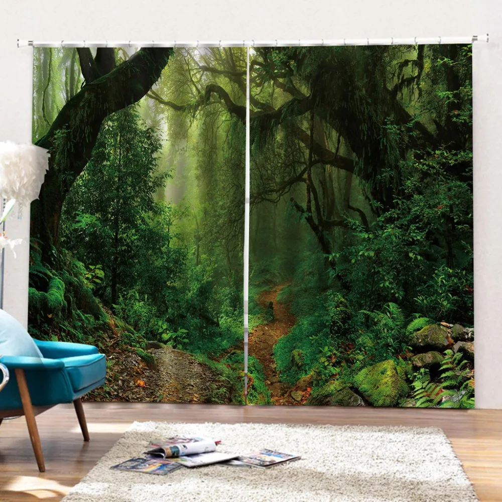Green curtains Luxury Blackout 3D Window Curtain For Living Room forest curtain
