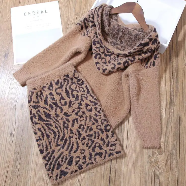Autumn Winter Fashion Kids Girls Leopard Print Clothes Children Girl Hooded Warm Solid Knit Sweater And Skirt Outfits K133