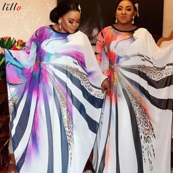 

two Piece Set African Dresses For Women Africa Clothing Muslim Long Dress Pearl chiffon digital printed rhinestone + inner dress