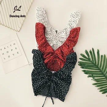 

Dancing Ants Vest Sexy Strap Deep V-neck Elastic Crop Top Solid Beach Style Polka Dot Ruffles Female Slim Short Tank Tops