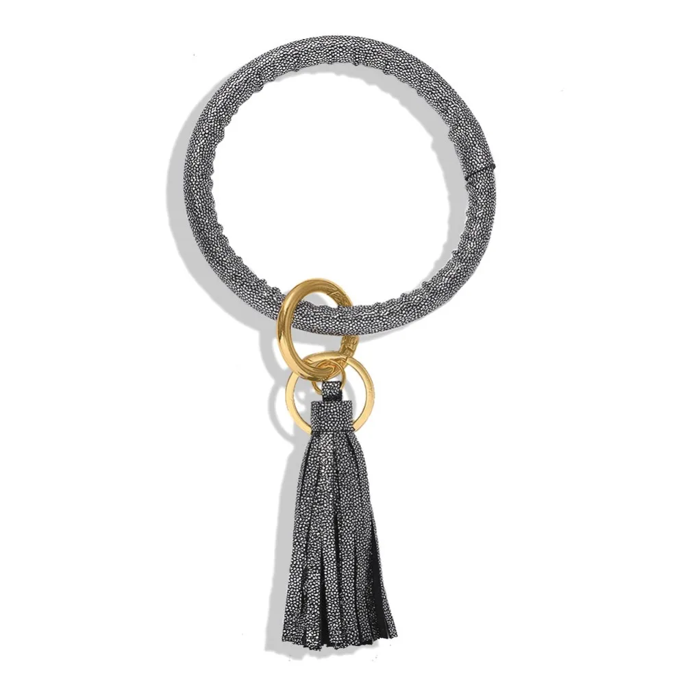 Dvacaman New Fashion Multi-Color Tassel Keychain Enamel PU Leather O Key Chain Monogram Circle Wristlet Keychain For Women Girls