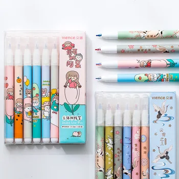 

6pcs Creative 2 Line Pen Set Cartoon Cute Girl Luxury Flying Crane 2 Tips Mix Color Liner Drawing School Student Supplies F768