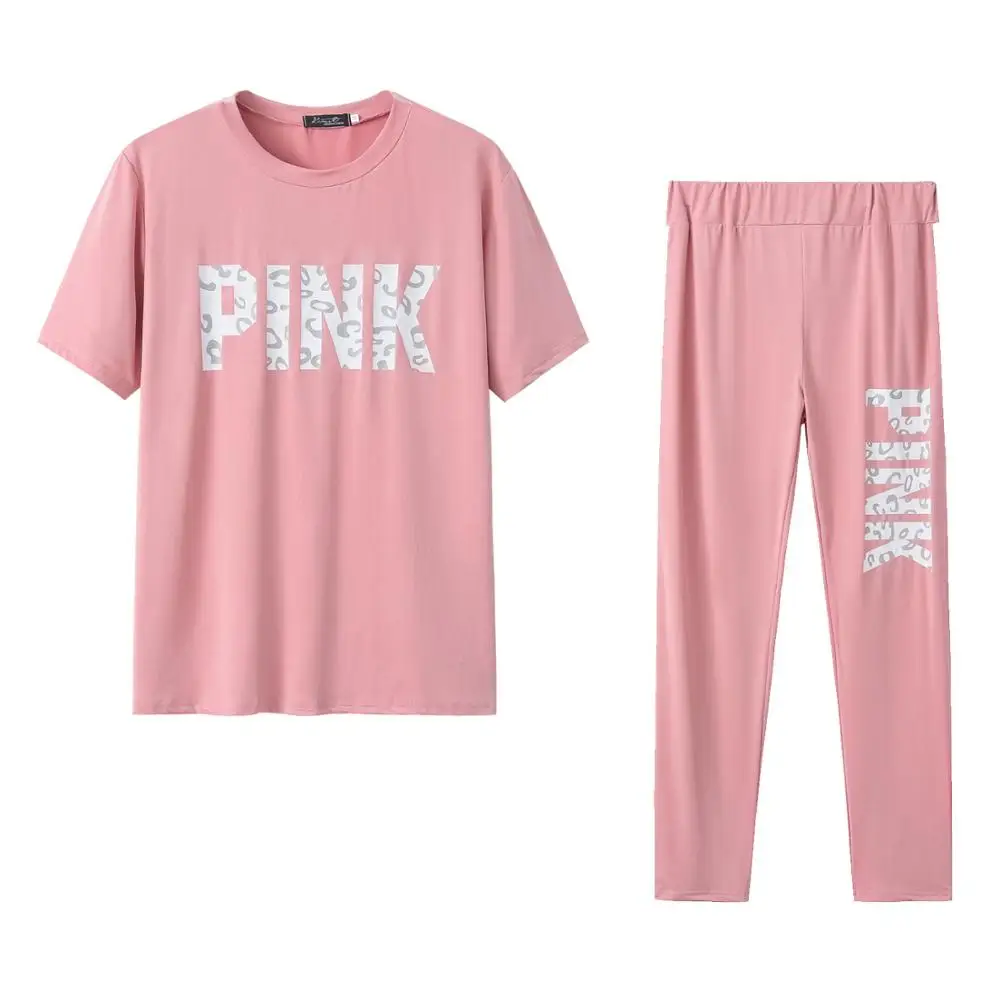 Размера плюс Для женщин розового цвета с принтом букв пикантные Повседневное комплект из 2 частей размера плюс, топы, обтягивающие штаны, спортивные костюмы из двух предметов спортивный костюм Streetwea