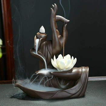 

Retro Home Decor Backflow Aromatherapy Indoor Buddha Hand Ornament Purple Clay Plate Incense Burner Censer Sticks Holder