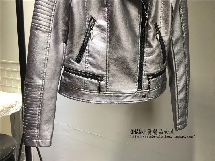 Women PU Leather Jacket Metal Bright Face Leather Coat Female Autumn New Soft Faux Leather Motorcycle Jacket Slim Short Coat