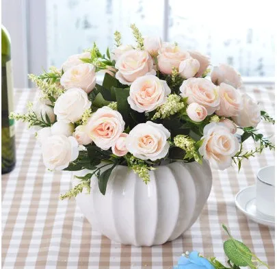 Современная керамическая бутылка в виде тыквы ваза+ Шелковый цветок набор домашнего интерьера ремесло украшение гостиной рабочего стола ремесла Цветочная композиция - Цвет: style1