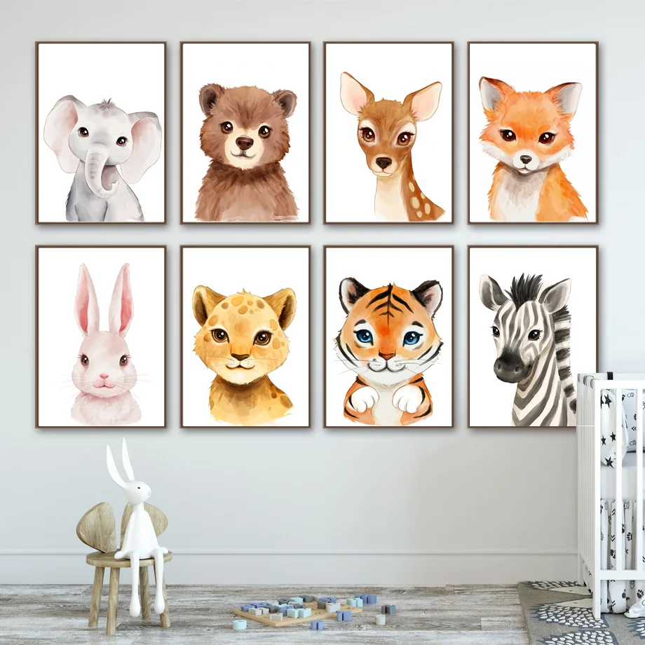 

Elephant Fox Rabbit Bear Zebra Tiger Art Canvas Painting Wall Art Photo Children Room Decoration