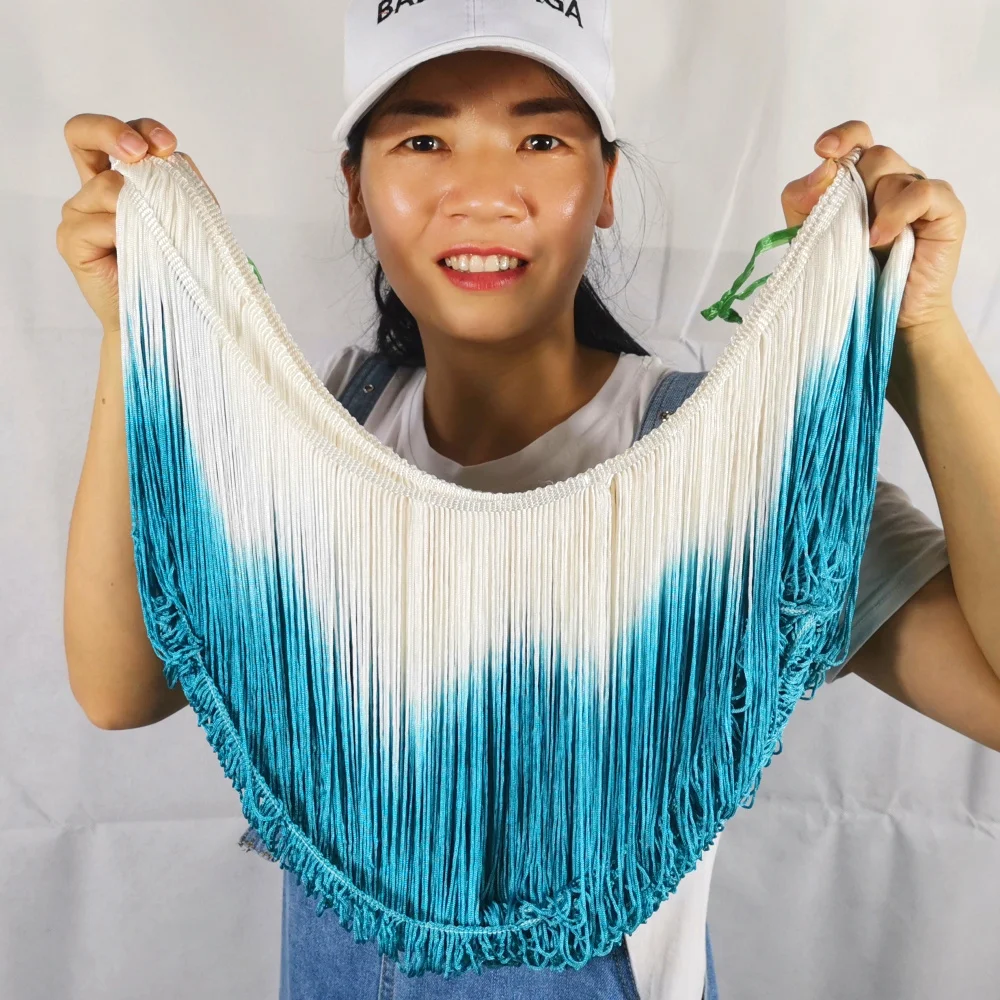 10 Yds Latin Fringe Tassel Dip Dye Ombre Soft Rayon Latin Macrame Dance Dress Trimming Samba Skirt Tassel White/Blue 25cm