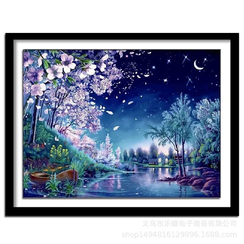 

2018 Diamond Painting Full of Crystals New Style Night Sky under Lakeside Small Town Decoration Manufacturers Direct Selling