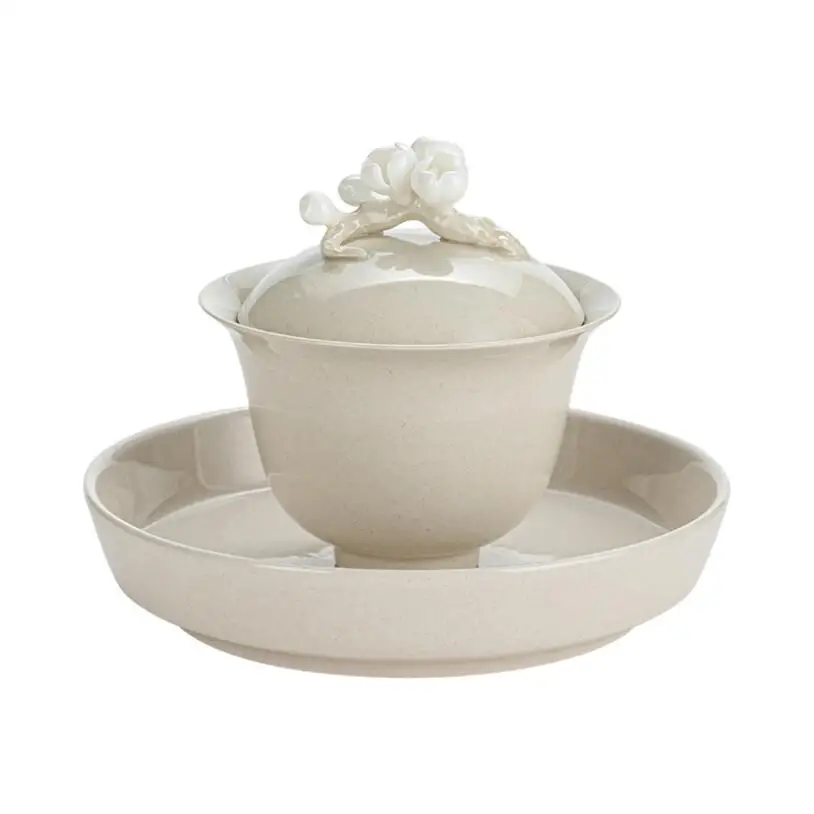 150ML Retro Plant Ash Glaze Ceramic Gaiwan Hand Made Plum Blossom Chinese Kung Fu Tea Service Pigmented Drinkware