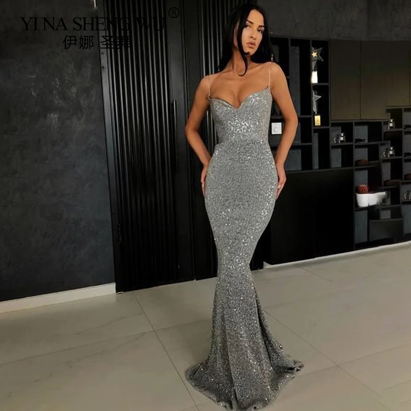 Solid Color Long Slim Sequin Dress Sexy Hot Deep V Elegant Strap Dress Small Trailing dress Club Dress Robes Women