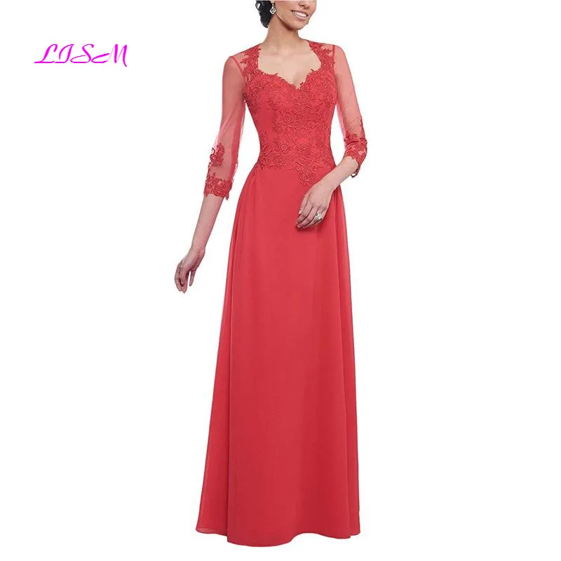 

Women's Bodice Mother of The Bride Dresses Long Sleeves Sweetheart Zipper Back Chiffon Lace Formal Dress