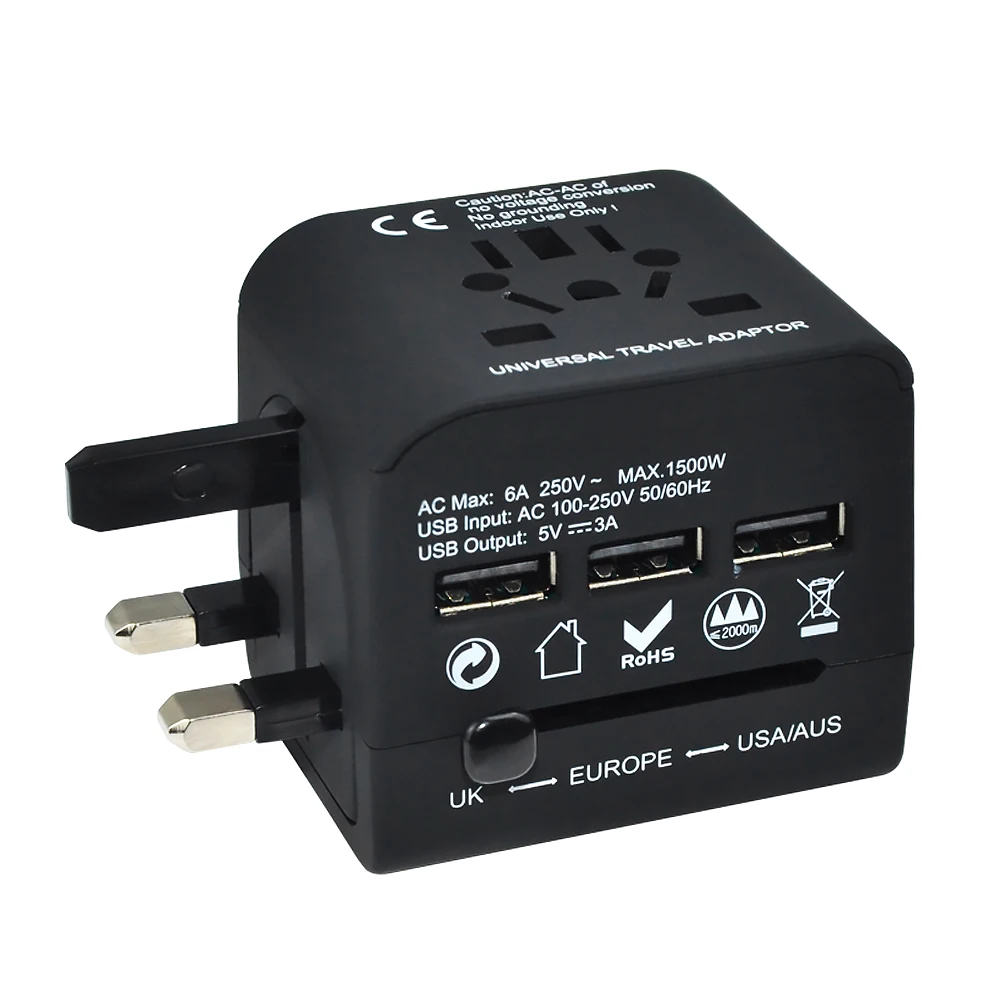Адаптер для путешествий в мире с 3 портами USB зарядки адаптер питания ЕС США