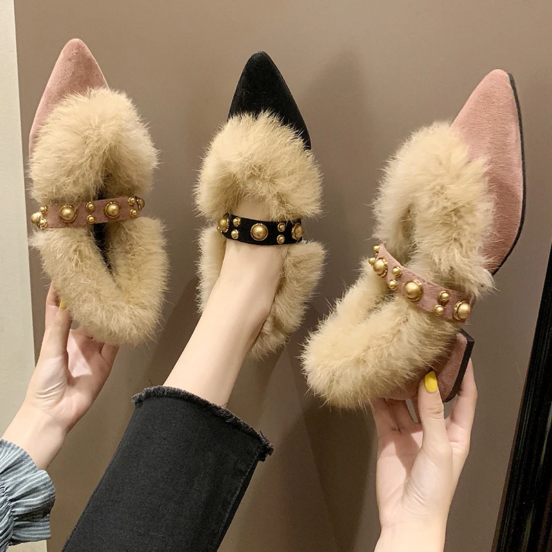 

2020 Metal Studs Belt Loafers Woman Flats Chunky Heels Plush Shoes Women Espadrilles Ballerina Pointed Toe Rivets Fur Moccasins