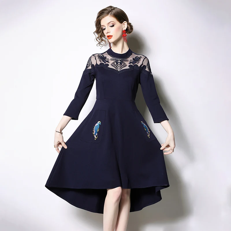 Navy Blue Trytree осеннее зимнее женское Повседневное платье с o-образным вырезом и вышитыми карманами Модное Элегантное ТРАПЕЦИЕВИДНОЕ ПЛАТЬЕ длиной до колен офисное женское синее платье - Цвет: Navy Blue