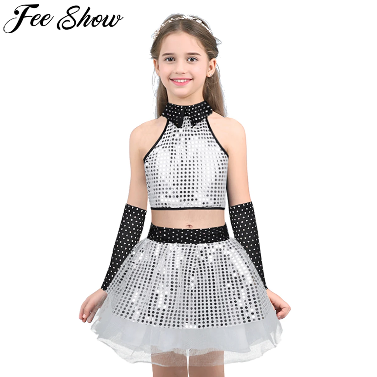 Платье для танцев девочек FEESHOW голографический короткий топ с блестками и