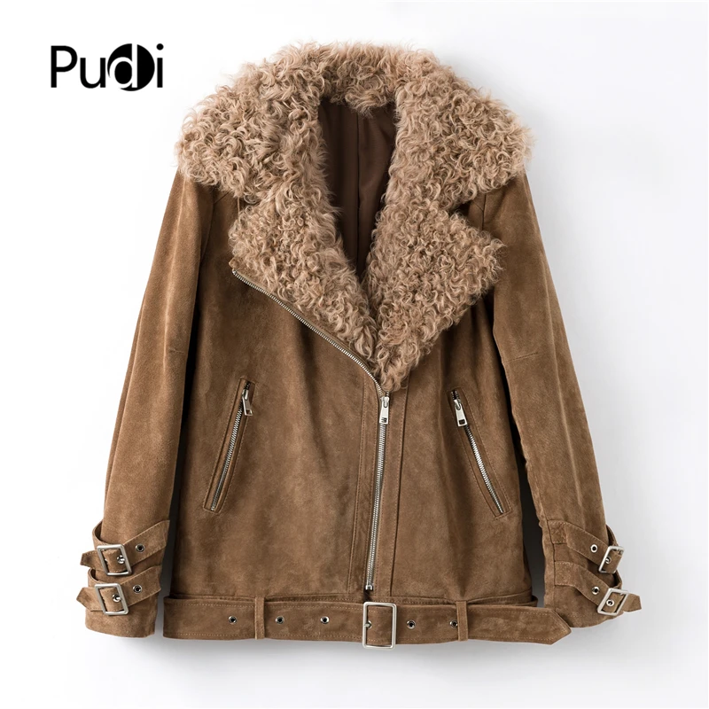 

Pudi women's winter motorcycle genuine leather overcoat leisure female real sheep fur coat jacket overcoat Clothes B401705