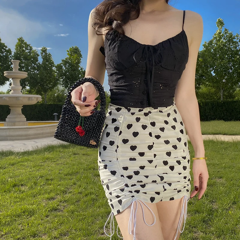 

Cute Polka Dot High Waist Mini Skirt Woman Summer Drawstring Ruched Bodycon Skirt White