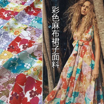 

2021 spring and summer new brand color linen women's clothing shirt fashion printed fabric cloth for dress by the meter