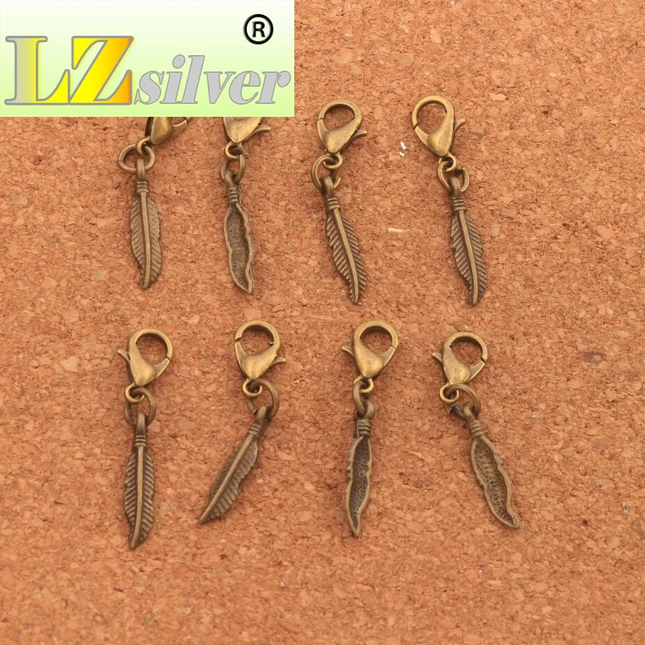 Small Feather Lobster Claw Clasp Charm Beads 32.3x4.3mm 200PCS zinc alloy Bronze  Jewelry DIY C332