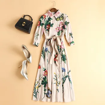 

New 2020 spring summer women shirtdress elegant 3/4 sleeve bow waist floral print mid-calf pleated midi dresses