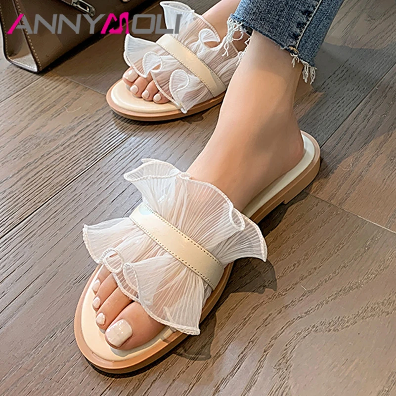 

ANNYMOLI Women Slippers Shoes Real Leather Sandals Ruffles Flat Slides Round Toe Cow Leather Lady Footwear Summer Black Fashion