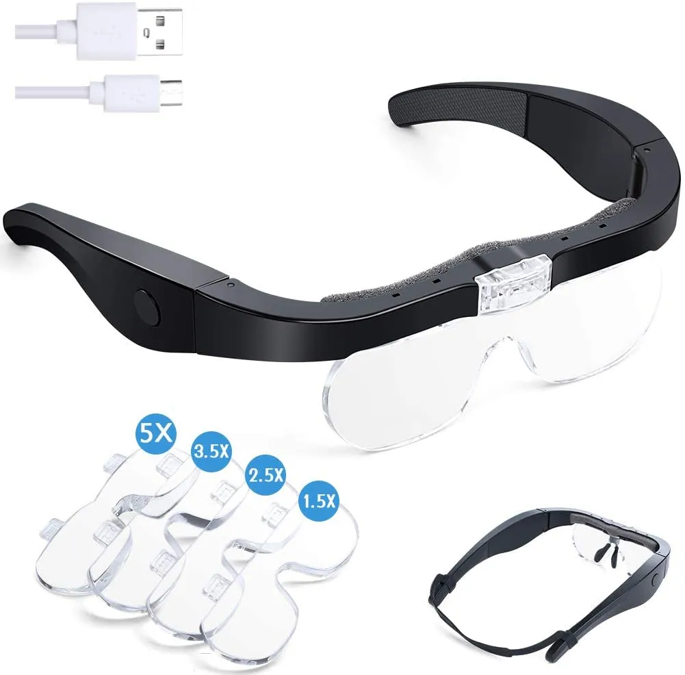 1.5X-4.5X recargable cabeza doble lente lupa gafas con 2 luces LED  regulables, manos libres 3 lentes intercambiables, vidrio lupa para trabajo