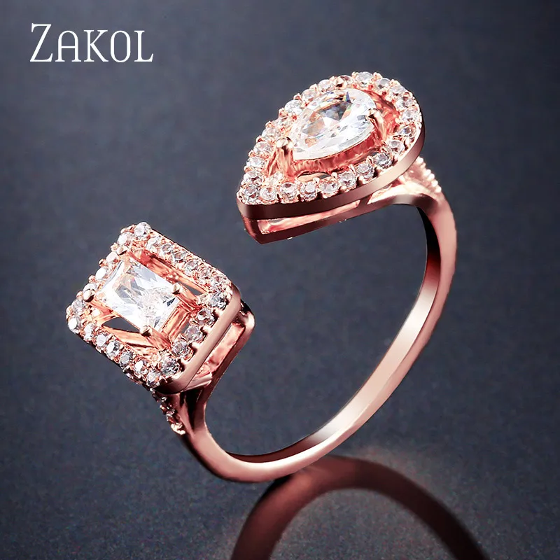 Rings Rose Gold Модный дизайнерский комплект ювелирных изделий от бренда ZAKOL, серьги с чешским камнем, браслет и кольцо на запястье для женщин, помолвка, FSSP3011 - Окраска металла: Rings Rose Gold