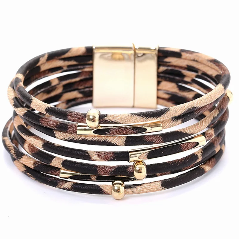 Взрыв Леопардовый браслет модели женщина магнит сплава пряжки носить бусины Кожа Черный Золотой панк мужской стиль дизайн