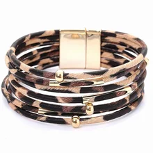 Взрыв Леопардовый браслет модели женщина магнит сплава пряжки носить бусины Кожа Черный Золотой панк мужской стиль дизайн