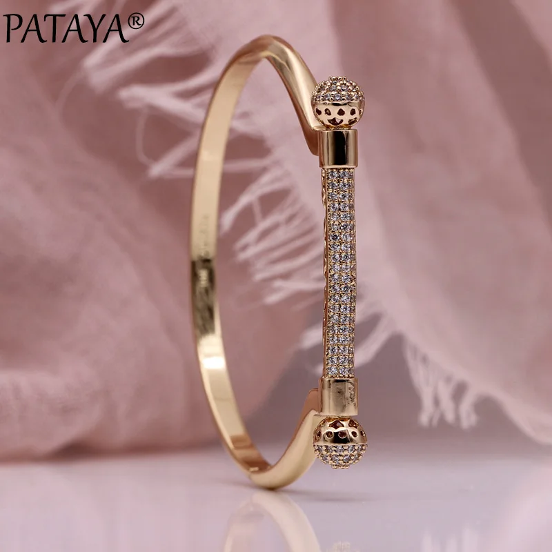 

PATAYA New Double Spherical Bangles 585 Rose Gold White Natural Zircon Fine Fashion Jewelry Micro-wax Inlay Hollow Women Bangle